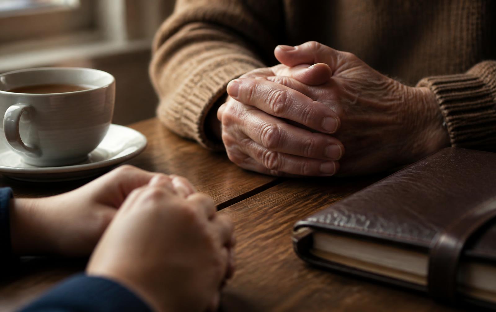 Close view of hands resting near a cup of tea and a leather placement binder