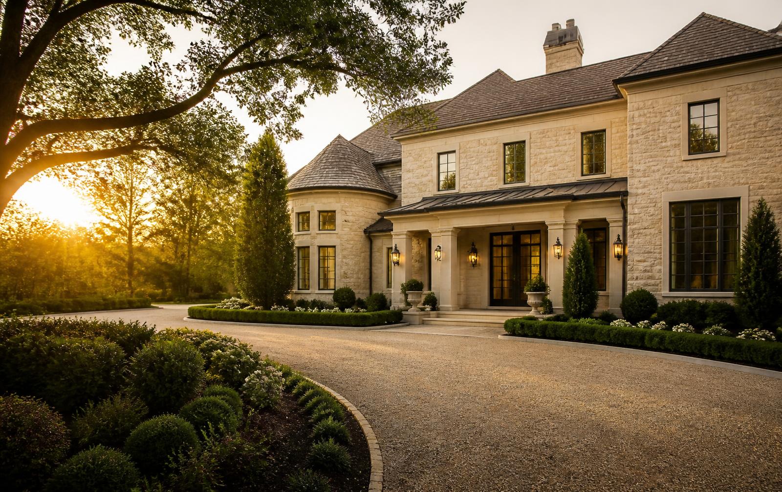 Private estate residence at golden hour, representative of luxury housing procurement placements