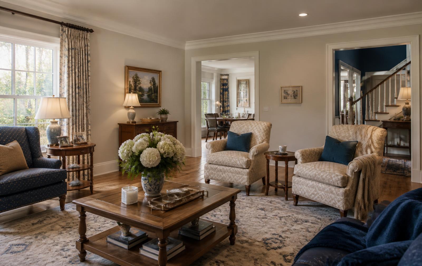 Elegant senior living residence sitting room with natural light and refined furnishings